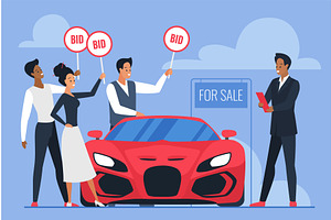 Car for sale at auction and bidding, a Person Illustration by Lemberg Vector