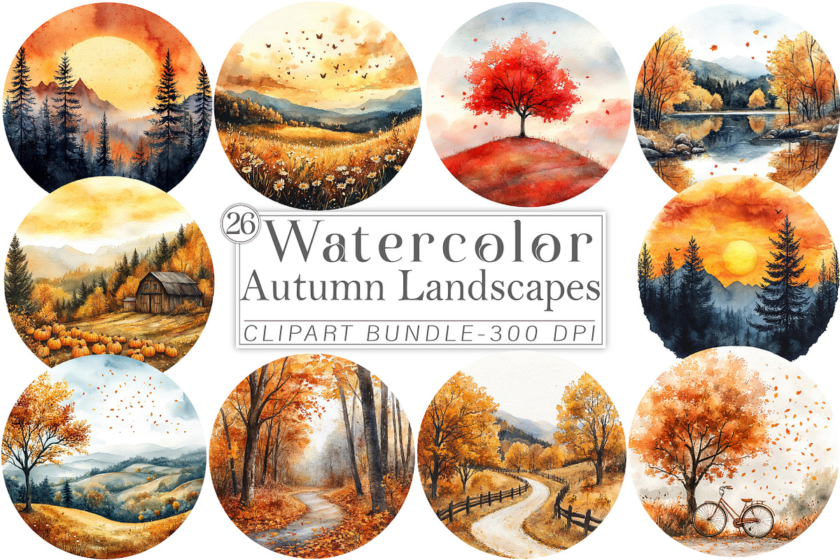 Watercolor Autumn Landscapes Clipart, an Illustration by Libby Wishes (Photo 1 of 7)