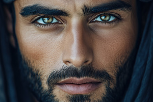 A close-up portrait of a arabic man with striking blue eyes and a well-groomed, a Person Photo by Textures & Backgrounds