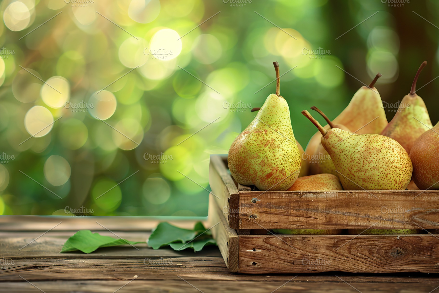 Red pears in wooden crate on blurred background, a Food & Drink Photo by AlyaAnd
