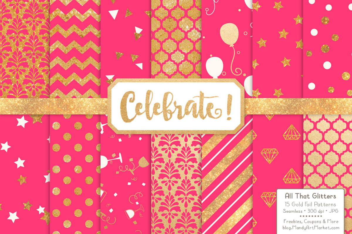 Hot Pink Gold Foil Digital Papers, a Pattern Graphic by Amanda Ilkov (Photo 1 of 4)