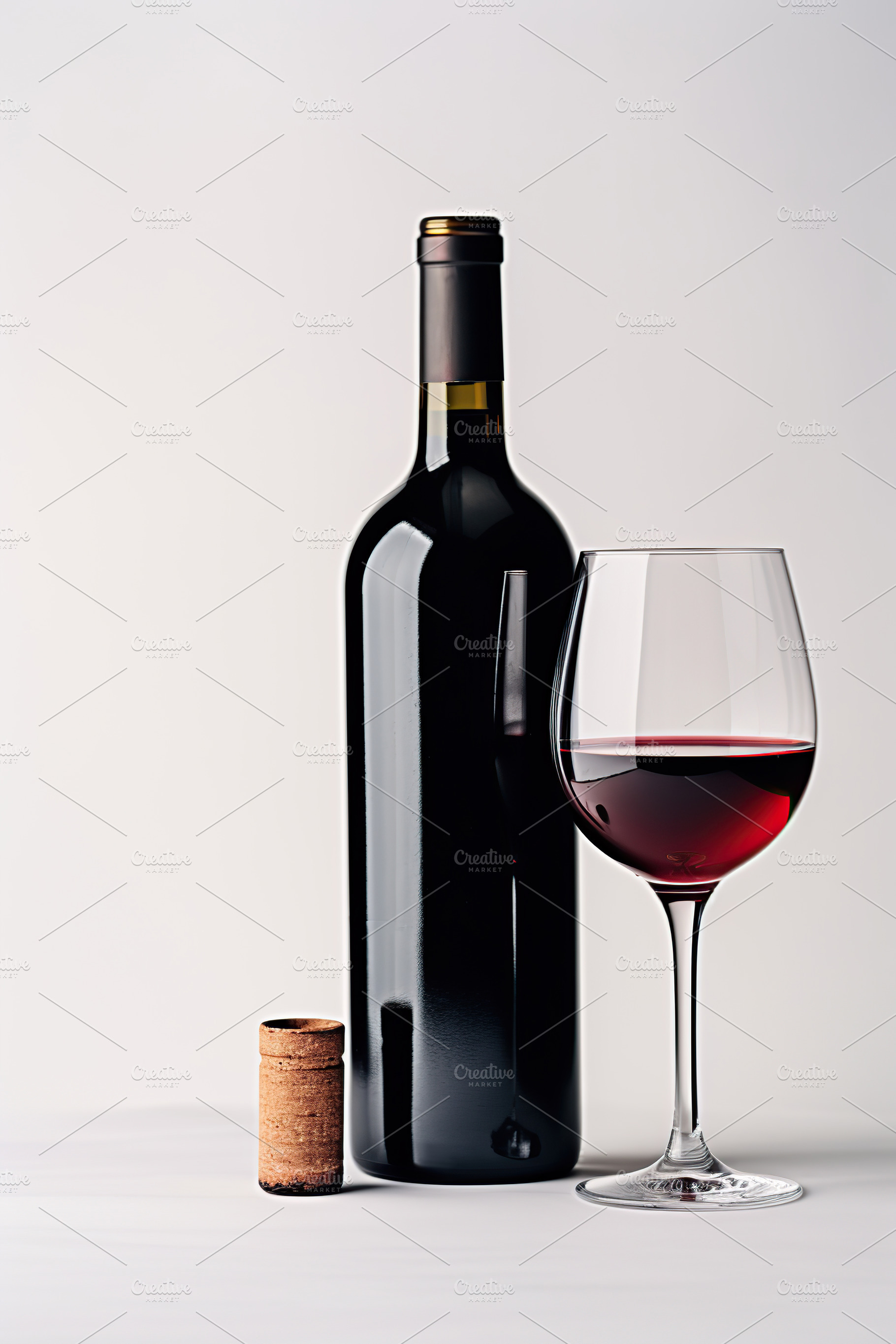 Bottle and glass of red wine on white background, a Food & Drink Photo by AlyaAnd