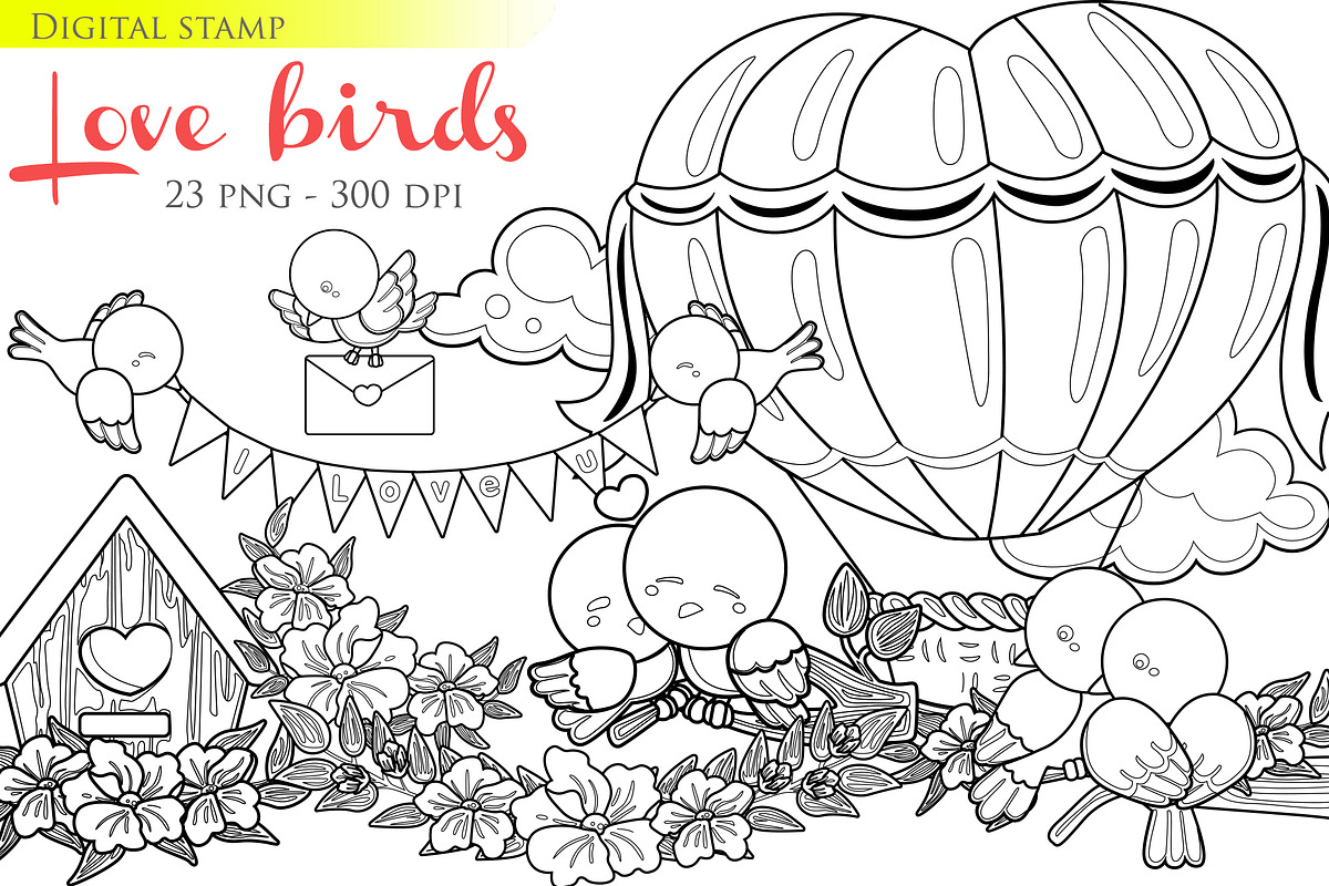 Love Birds animal digital stamp, an Animal Illustration by Peekadillie Art (Photo 1 of 3)