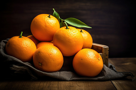 Fresh orange fruits with green leafs on brown wooden background, a Food & Drink Photo by AlyaAnd