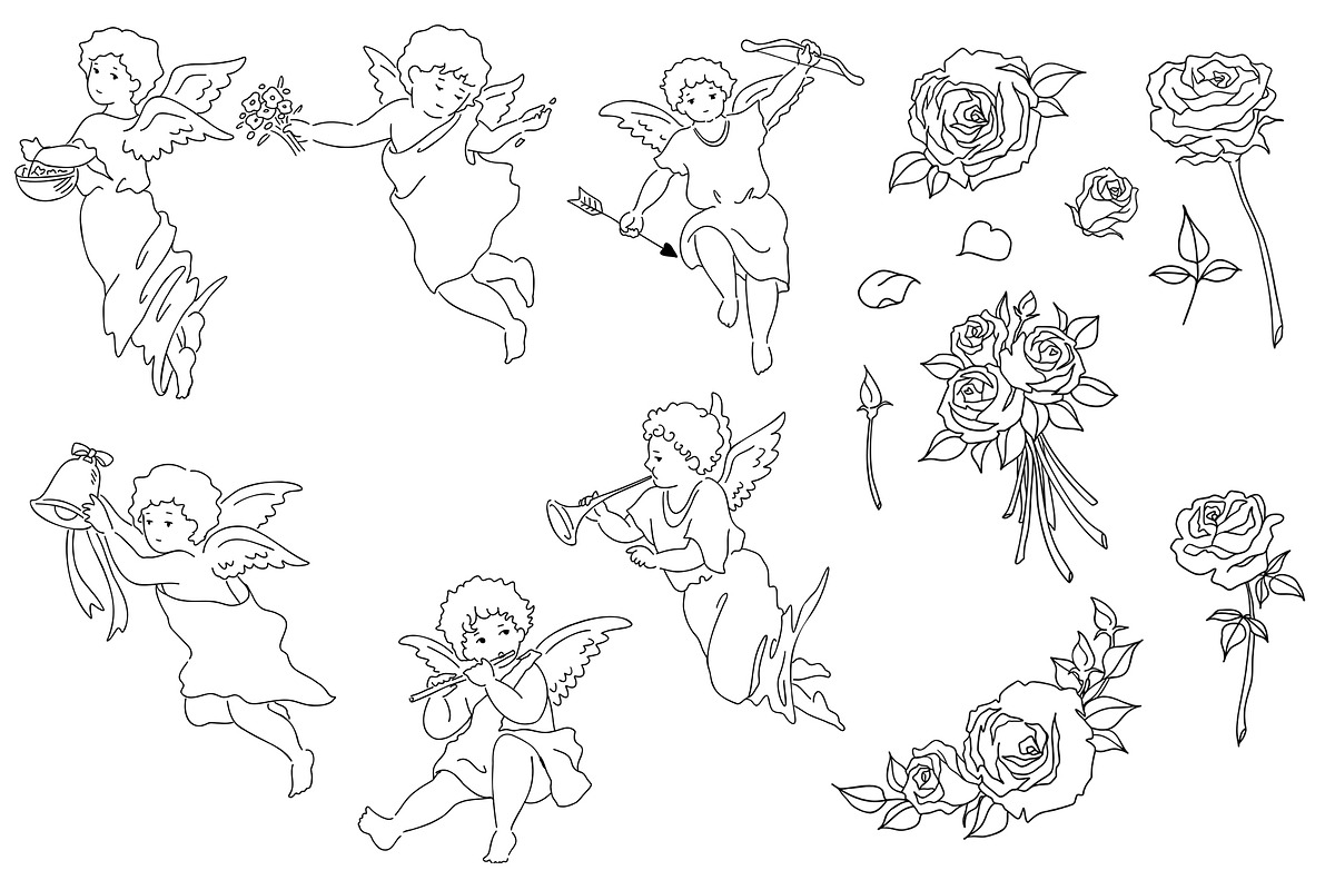 Angel and Rose Line Art Clipart Set, an Illustration by Gallery House (Photo 4 of 4)