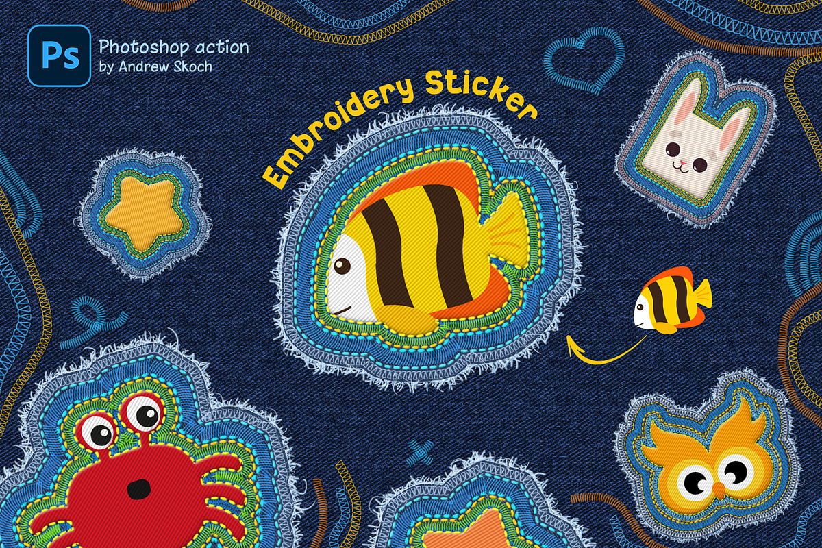 Embroidery Sticker Photoshop Action, an Action Add-On by Andrew Skoch Design (Photo 1 of 6)