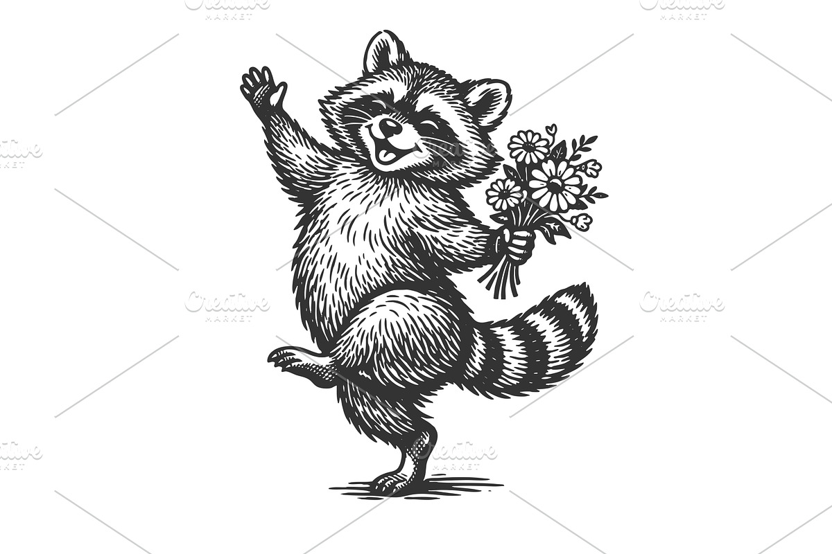 Happy raccoon holding flowers in, an Animal Illustration by AlexArt