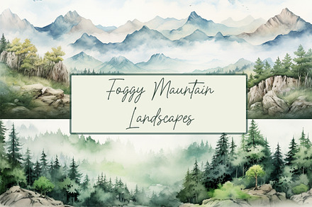 Foggy Forest Watercolor Mountains, a Decorative Illustration by LeCoqDesign