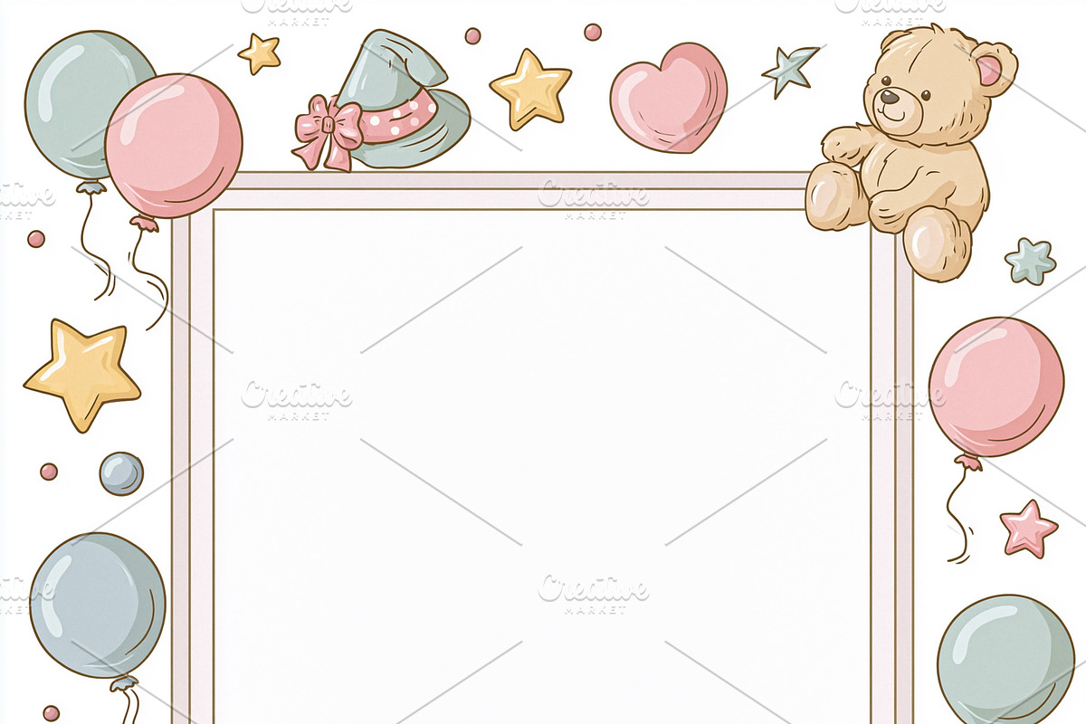 Children birthday party celebration framing with teddy bears, balloons, and dec, an Illustration by Studio ANNA
