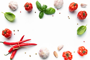 Fresh cooking ingredients creating a vibrant flavorful border, a Food & Drink Photo by Olena Rudo