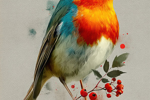 Colorful watercolor robin illustration with red berries and ink, an Animal Photo by José Manuel Gelpi