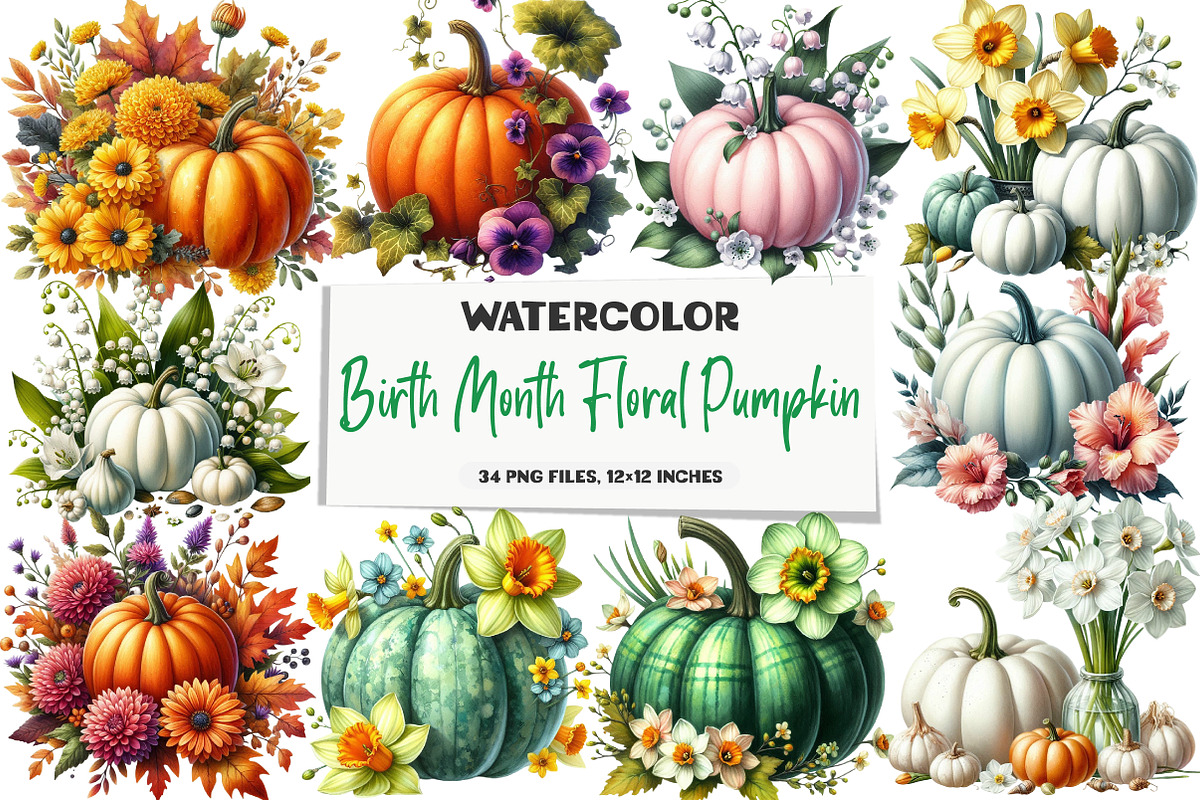Birth Month Floral Pumpkin Clipart, an Illustration by DreamArtGraphic (Photo 1 of 5)