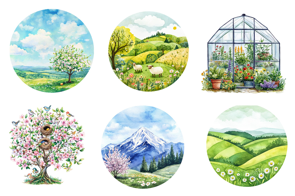 Watercolor Spring Landscapes Round, an Illustration by CreationArt (Photo 4 of 5)
