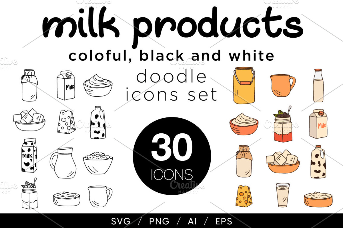 Milk products doodle icons set, an Icon by Gulnarart (Photo 1 of 5)