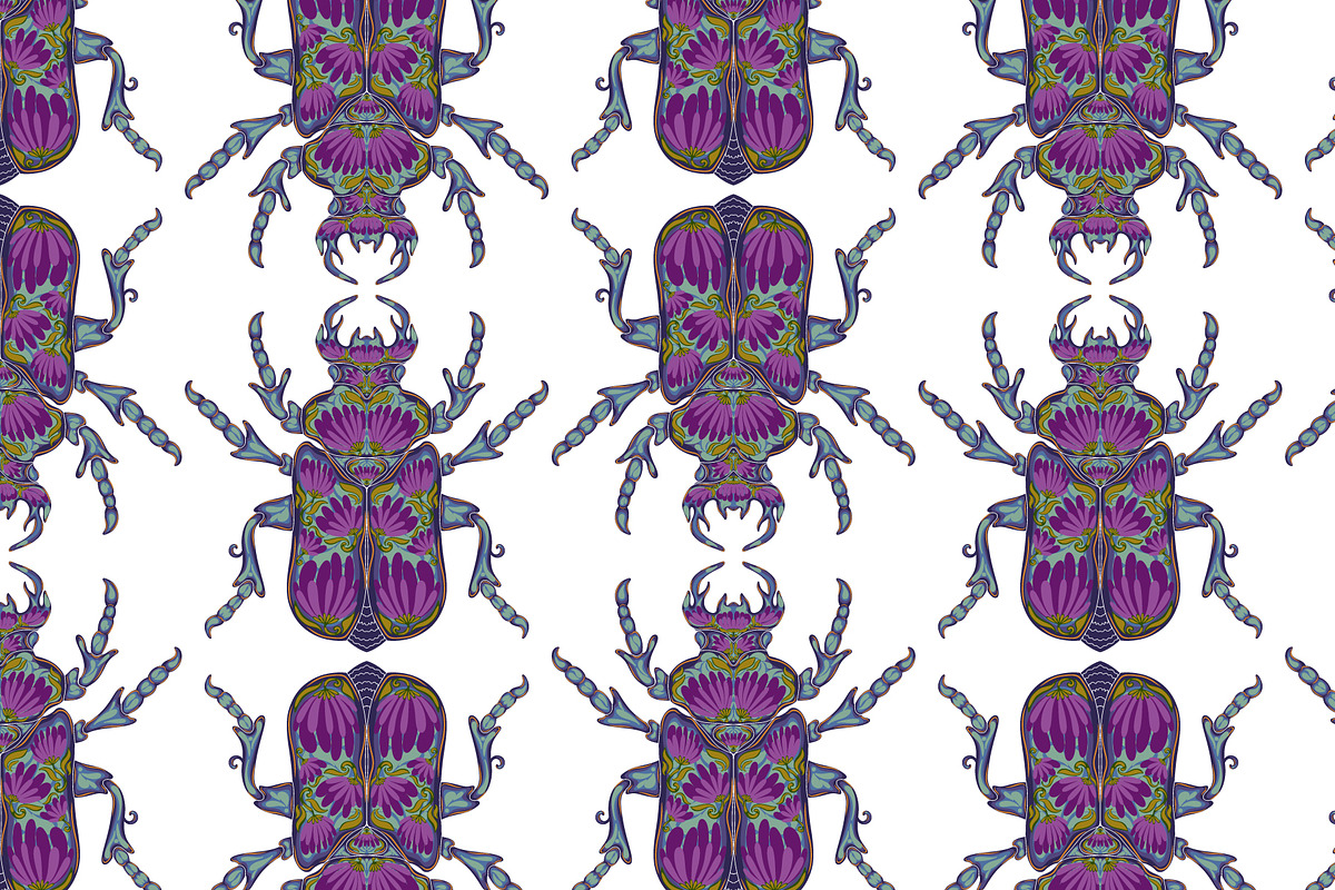 Floral Beetles Blue-Violet Vector, a Pattern Graphic by NayaChu (Photo 3 of 7)