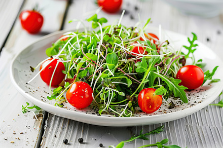 Fresh salad with microgreen, arugula and tomatoes in plate on wooden table, a Food & Drink Photo by AlyaAnd