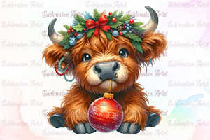 Cute Christmas Highland Cow PNG, an Illustration by Sublimation Artist