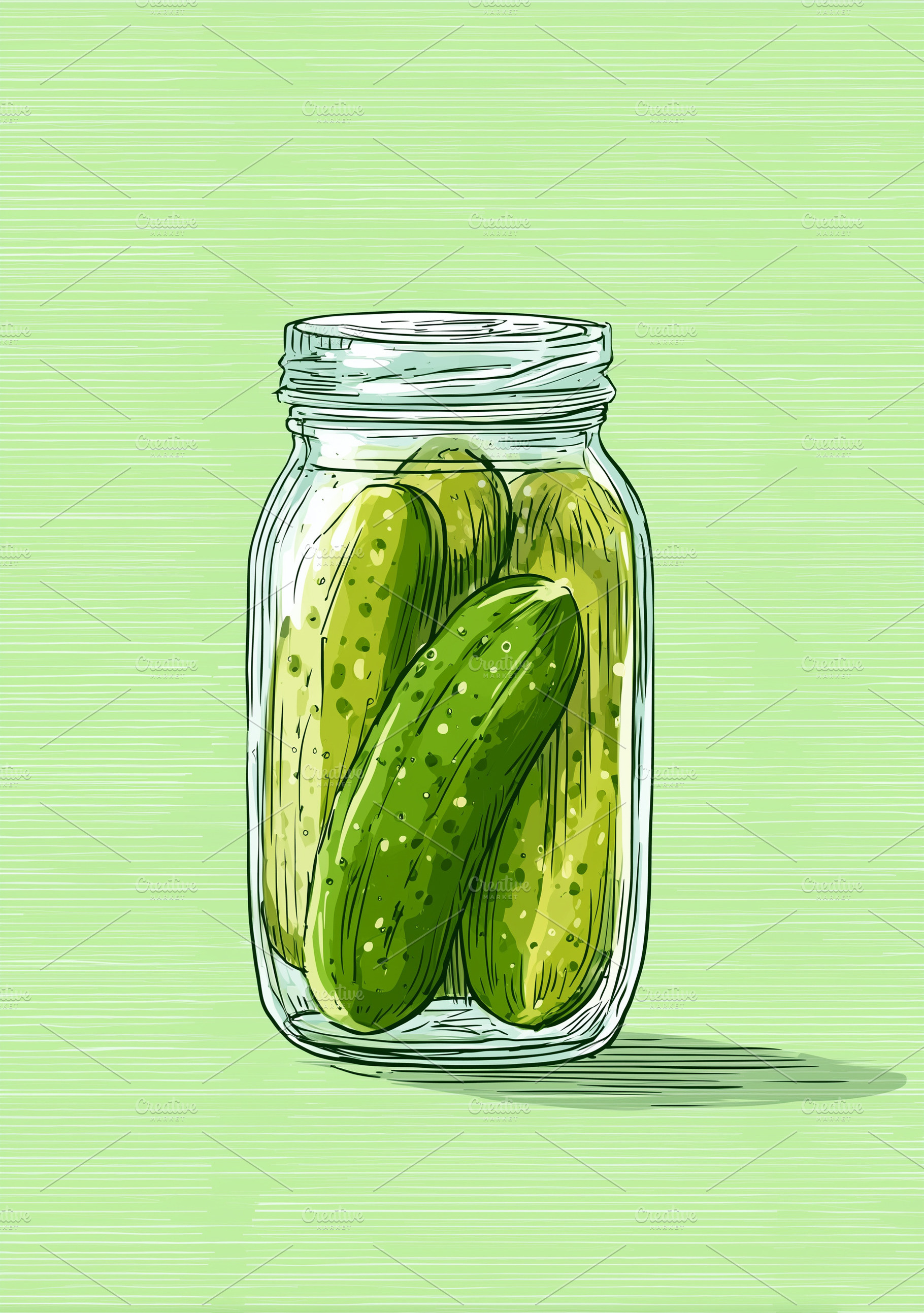 Pickles in a glass jar on green, a Food & Drink Photo by MistyDay