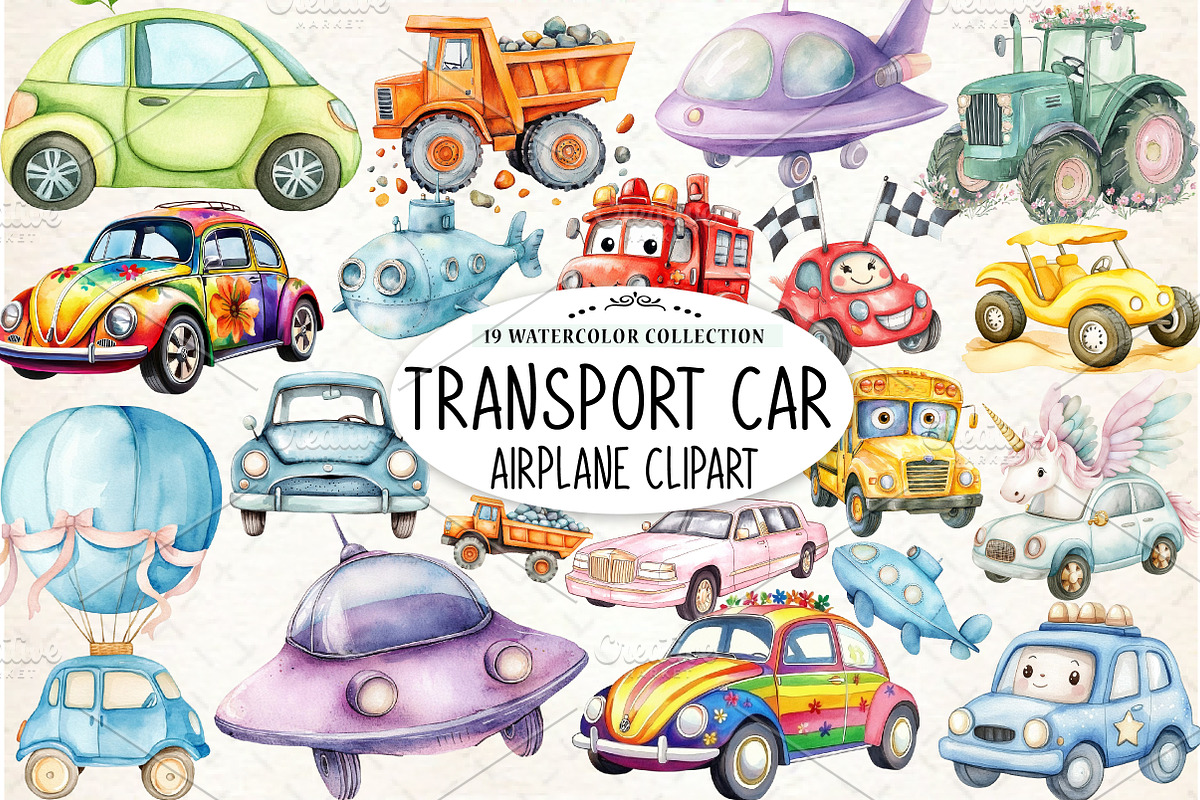 Watercolor Transport Car Airplane, an Illustration by Watercolor design (Photo 1 of 4)
