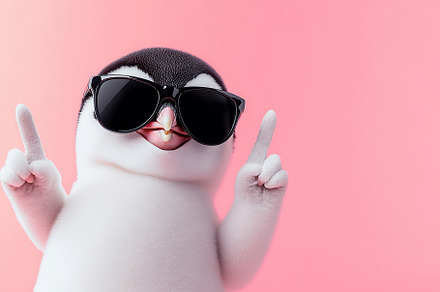 Penguin wearing sunglasses poses playfully against a pink background, an Animal Photo by AlyaAnd