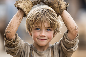 Smiling boy with muddy gloves, an Industrial Photo by MistyDay