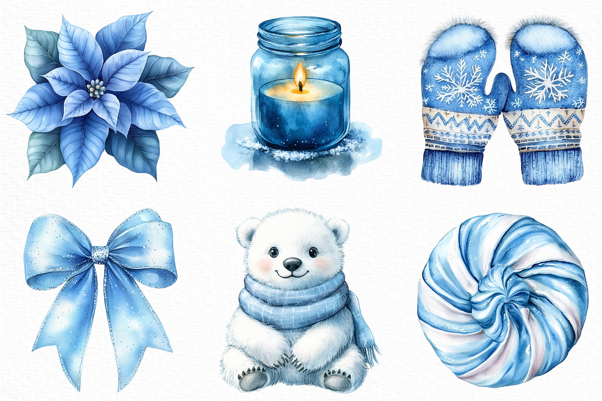 Watercolor Blue Christmas Clipart, an Illustration by Craft Nest (Photo 2 of 6)