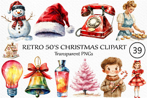 Retro 50's Christmas Clipart, an Illustration by Craft Nest