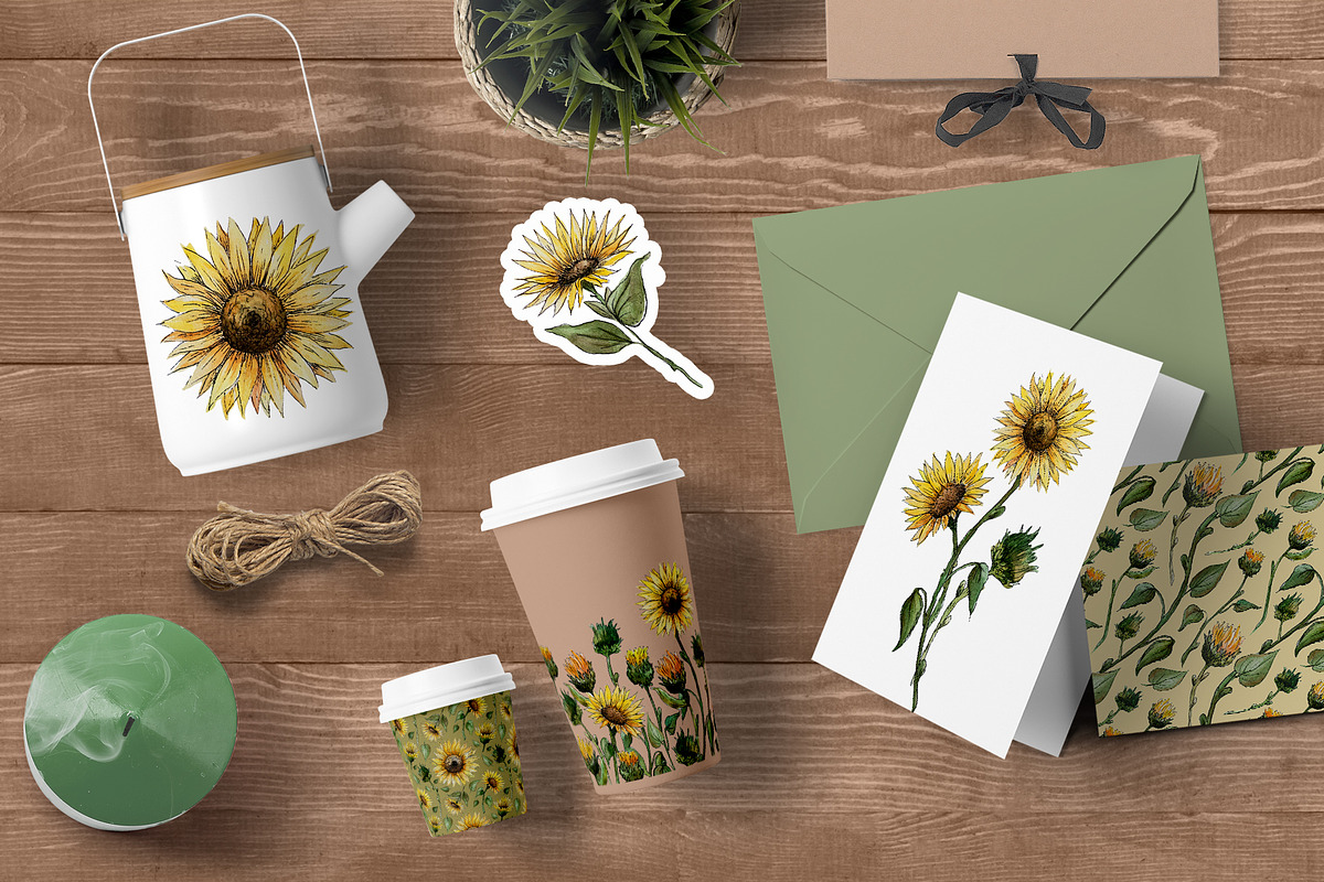 Sunflower watercolor clipart, an Illustration by Dina Guiter (Photo 7 of 8)