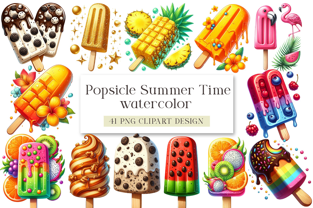 Watercolor Popsicle Clipart Summer, a Seasonal Illustration by DreamArtGraphic (Photo 1 of 4)