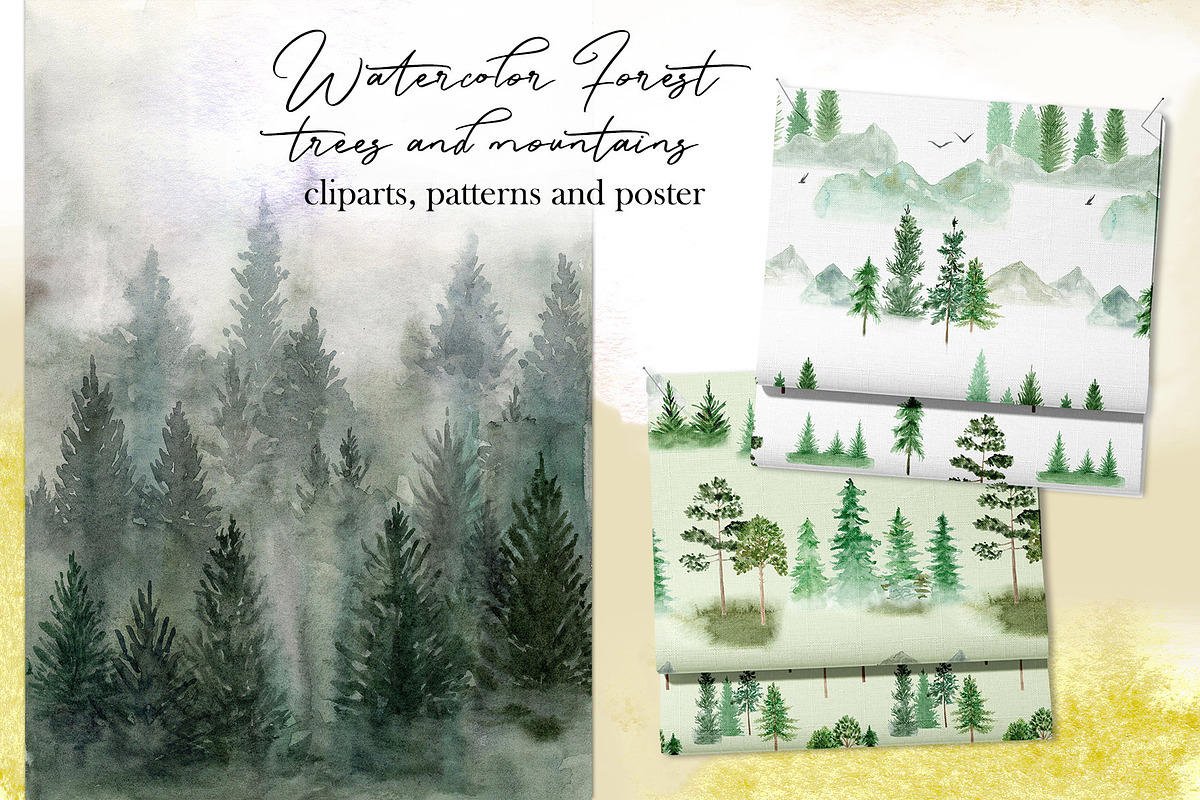 Watercolor Forest Mountains, Trees, a Decorative Illustration by Slastick (Photo 1 of 8)