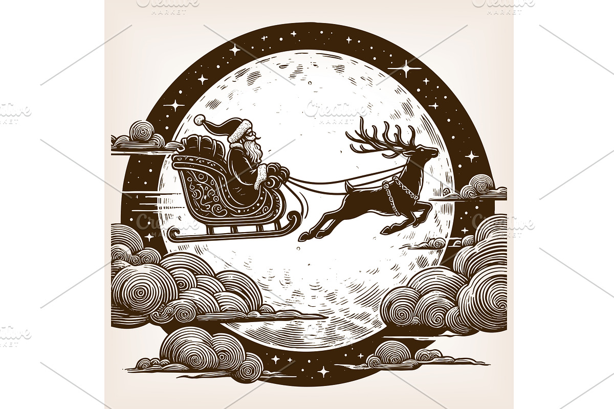 Santa Claus flying with reindeer, an Illustration by AlexArt