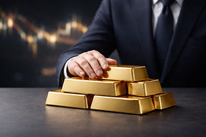Businessman holding stack of gold ba, a Photo by Dvoevnore photos