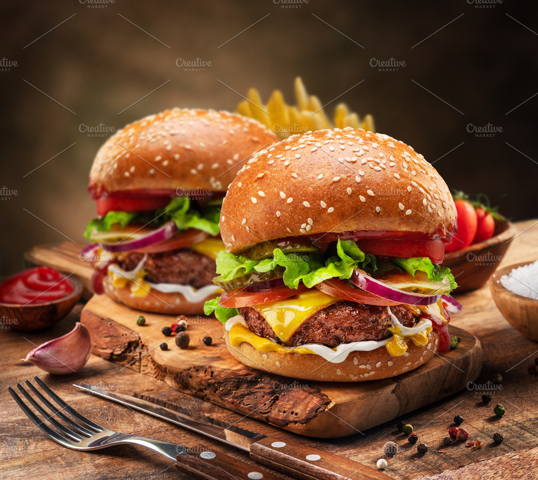 Tasty cheeseburgers and french fries, a Food & Drink Photo by Volff