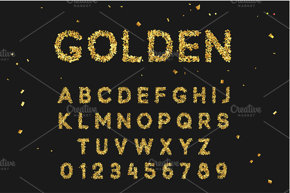 Font alphabet from gold confetti, letter golden serpentine. preview 3
