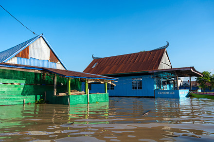 Traditional Bugis floating houses on Lake Tempe, Sulawesi, Indon, an Architecture Photo by GoodGoods