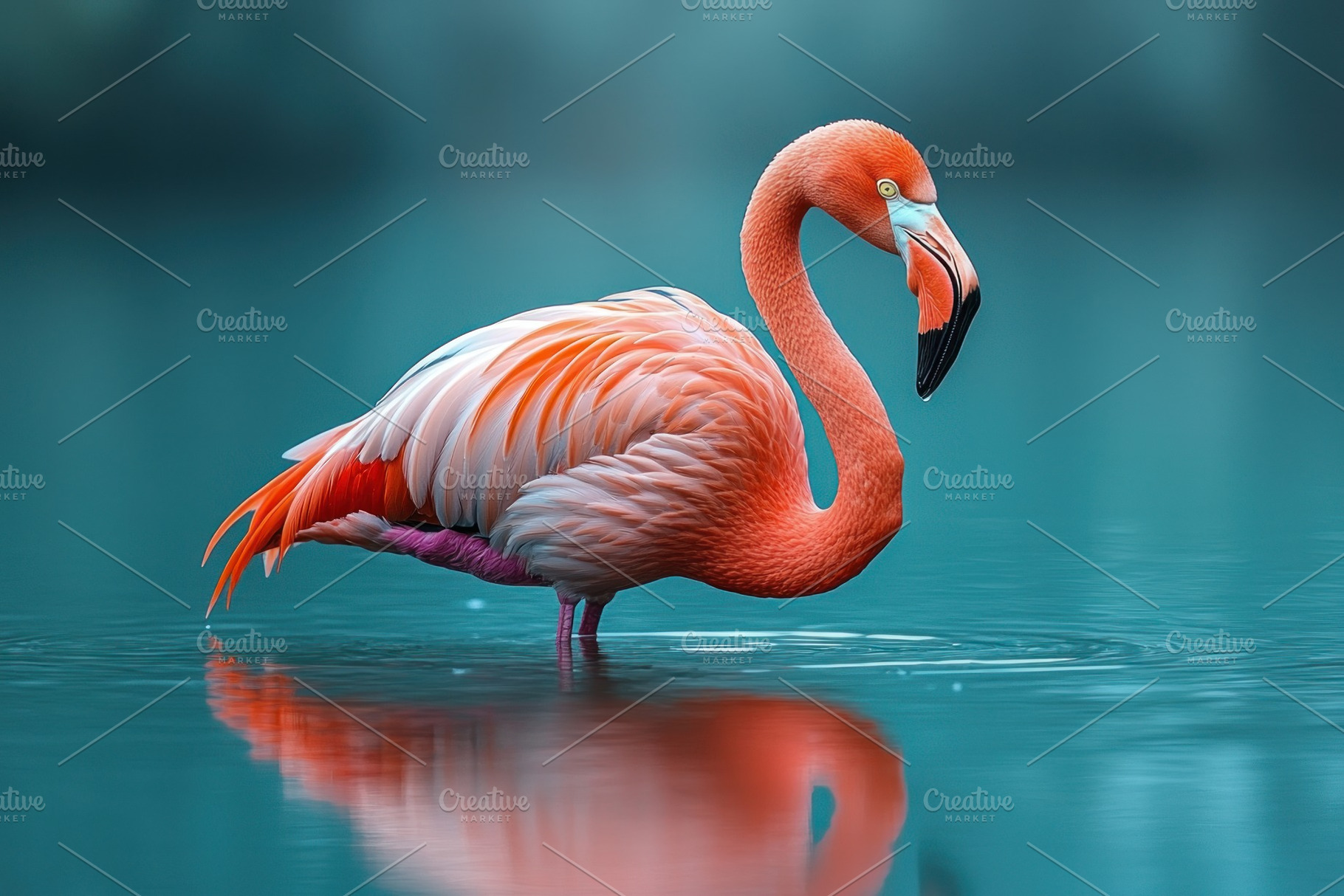 Vibrant pink flamingo standing in calm turquoise water with perf, an Animal Photo by José Manuel Gelpi