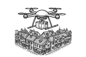 Drone Delivering Package Over, a Technology Illustration by AlexArt