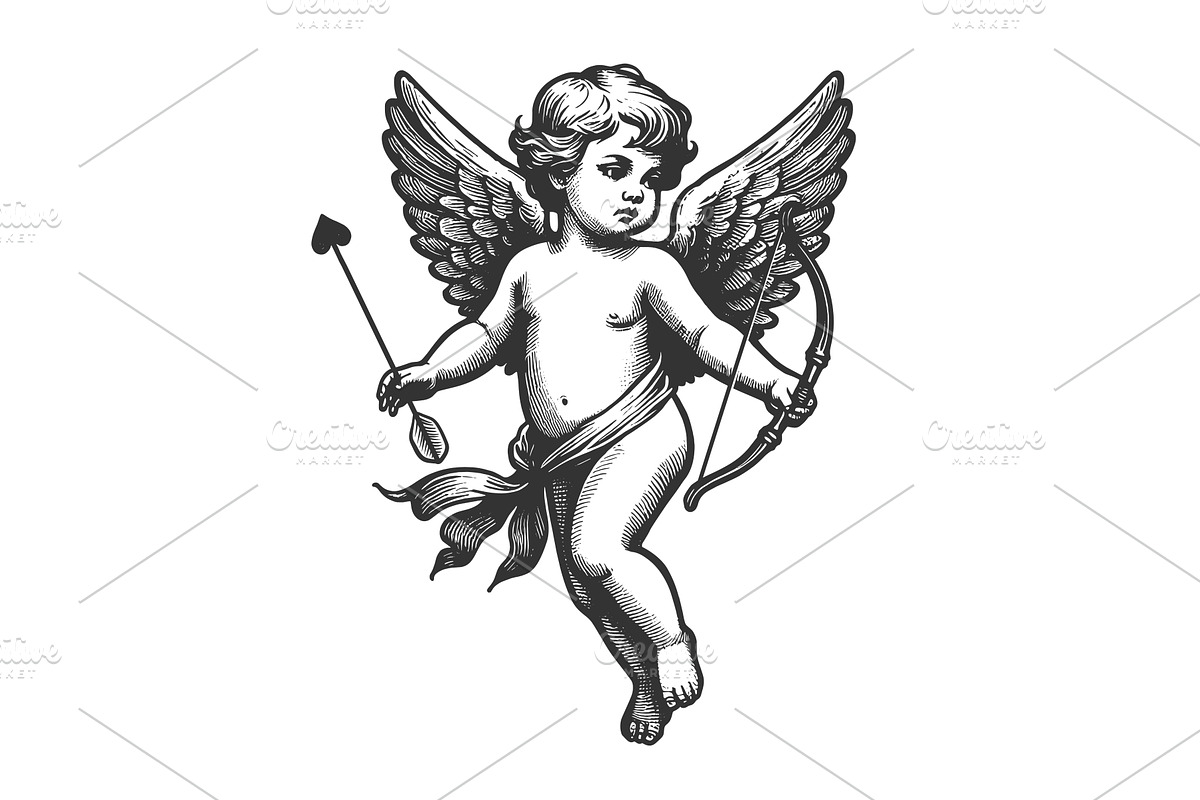 Cupid with Bow and Arrow engraving, an Illustration by AlexArt