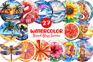 Round Stained Glass Summer Clipart, an Illustration by CreationArt