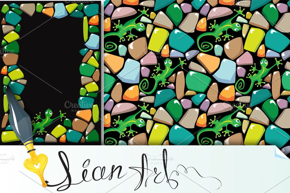colorful pebble stonewall and lizar