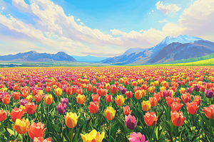 Tulip Field and Mountains Fine Art, a Decorative Illustration by Art Paradise Studios