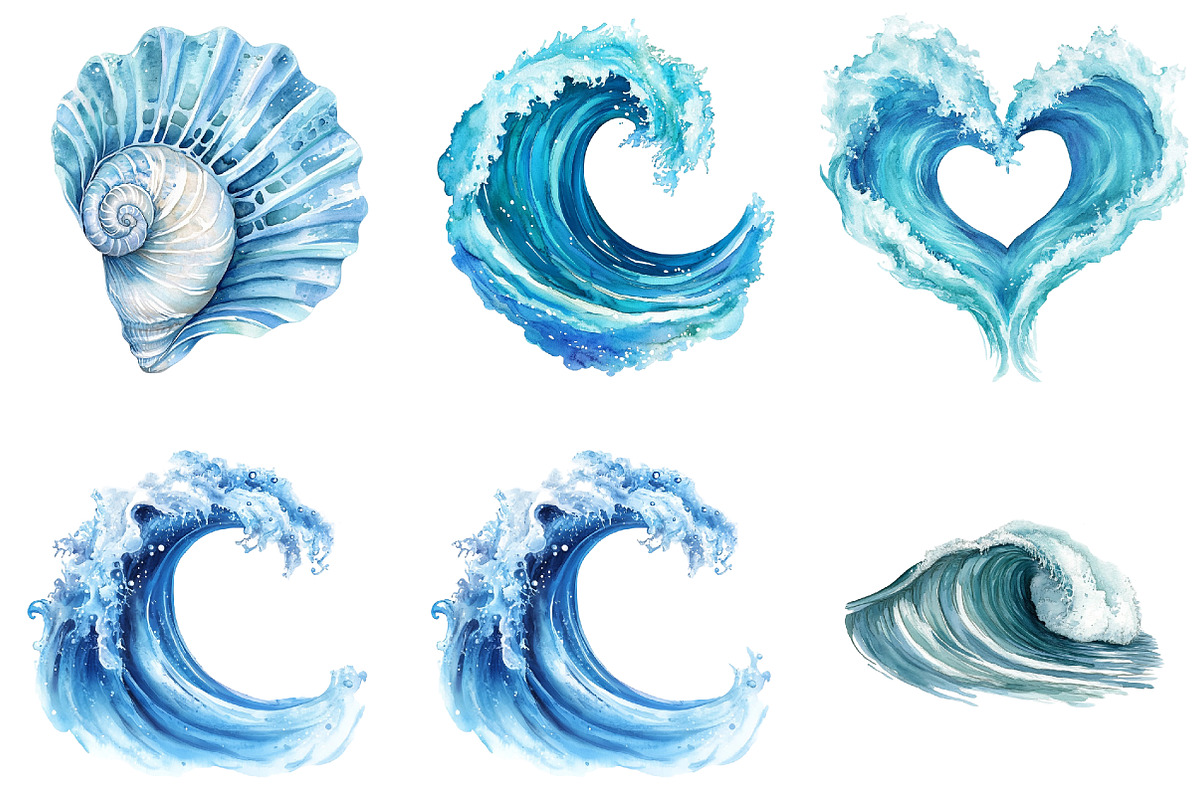Ocean Waves Watercolor Bundle, an Illustration by Pixels.Craft (Photo 3 of 8)