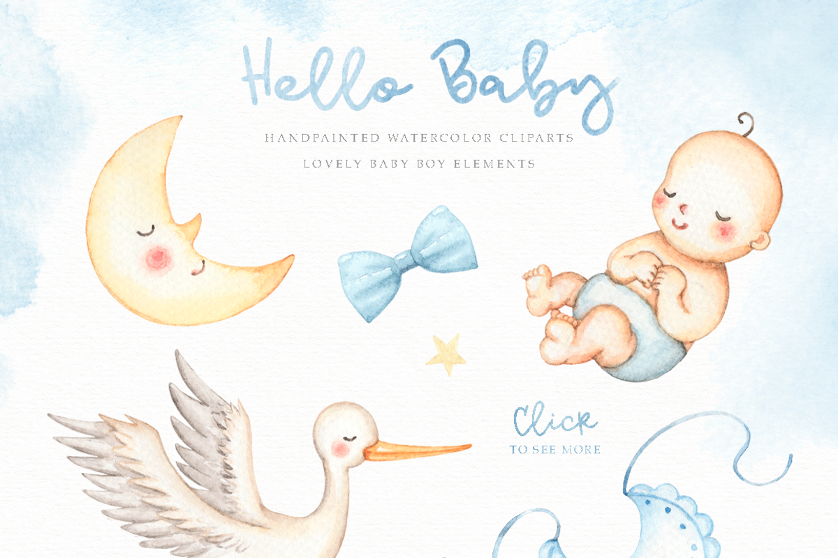 Hello Baby Blue Watercolor Clip Arts, an Animal Illustration by everysunsun