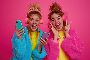 Excited young women with pink headph, a Photo by Pavel_design
