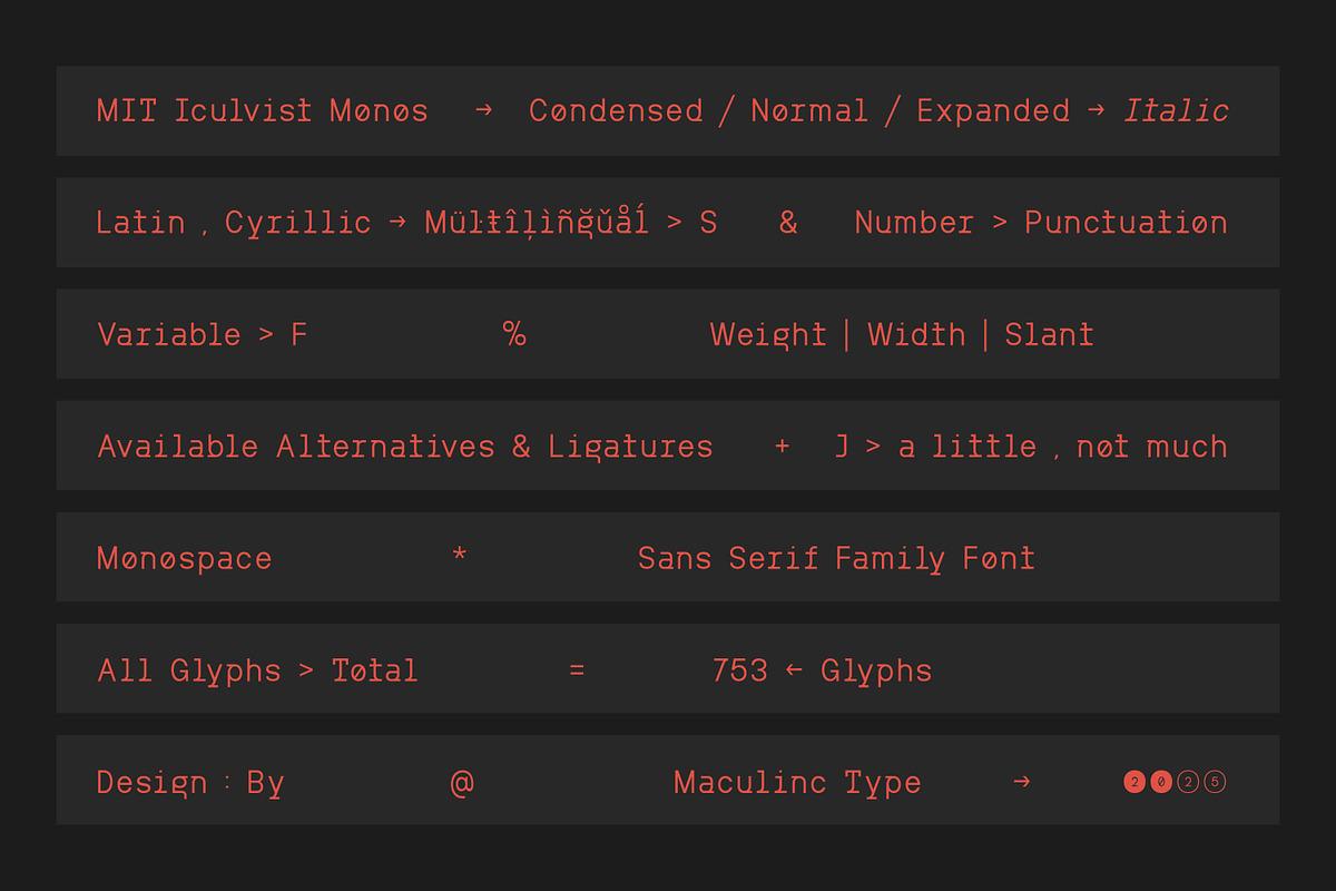 MIT Iculvist Monos | Variable, a Sans Serif Font by Maculinc Type (Photo 2 of 12)