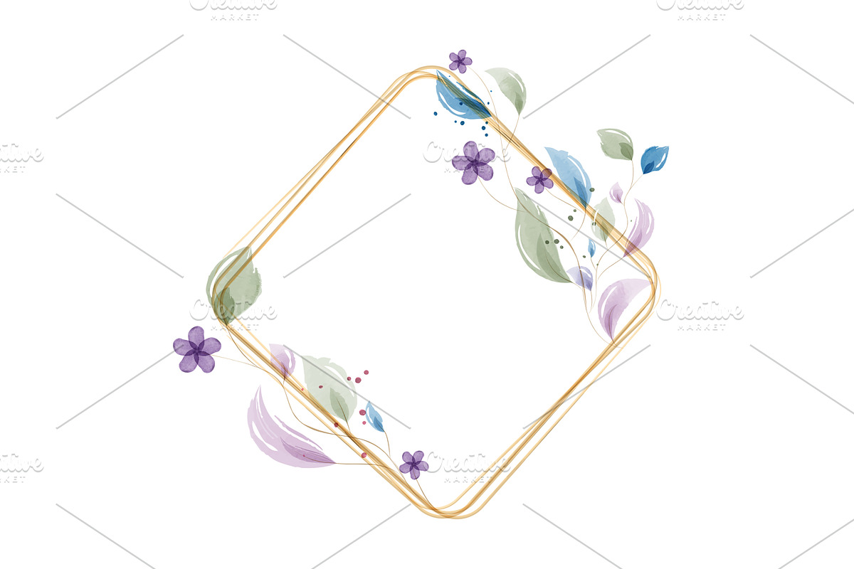 Watercolor floral gold frame with, an Illustration by okskukuruza