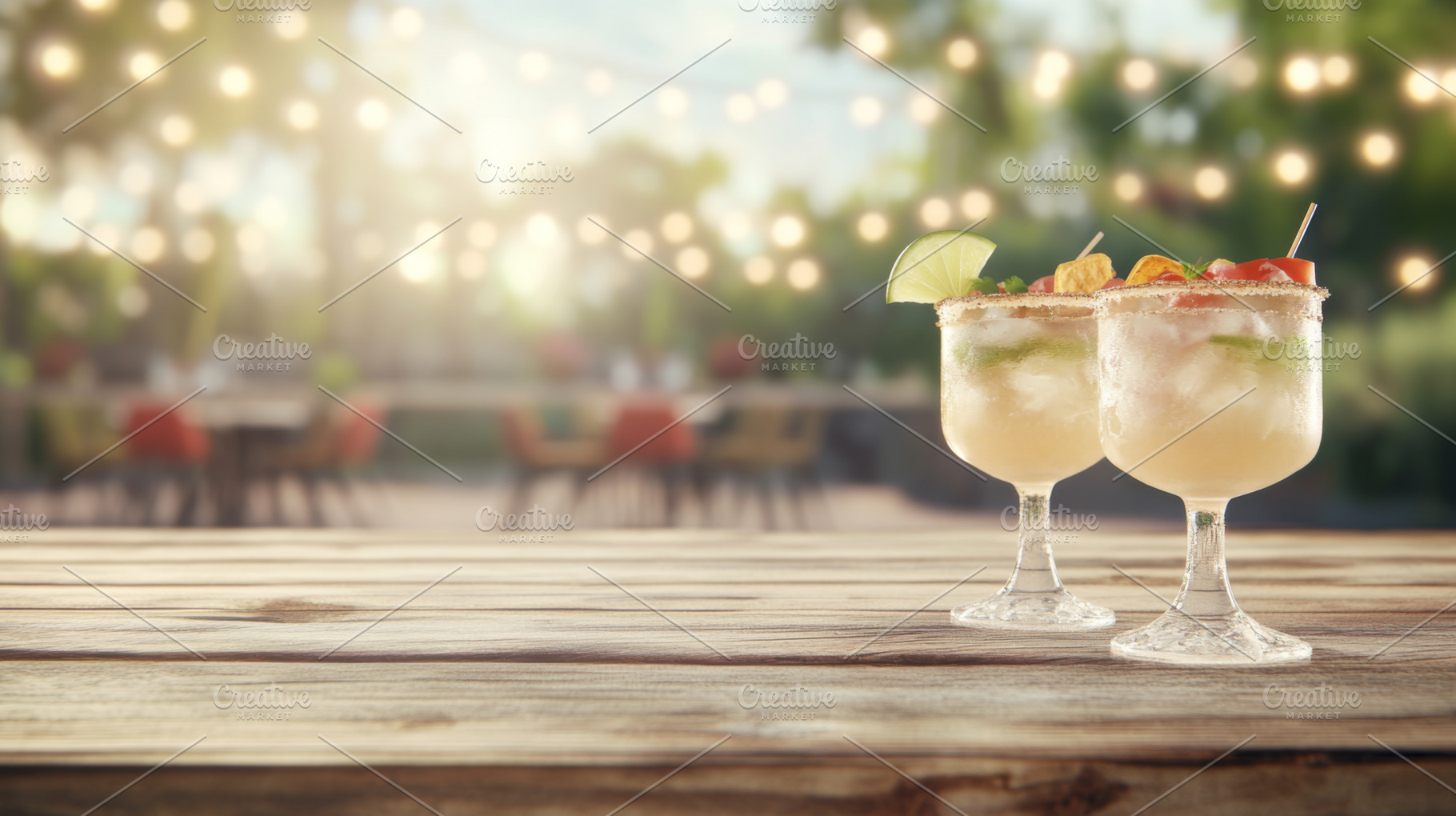 Margarita cocktails on wooden table with blurred outdoor summer, a Photo by Dvoevnore photos