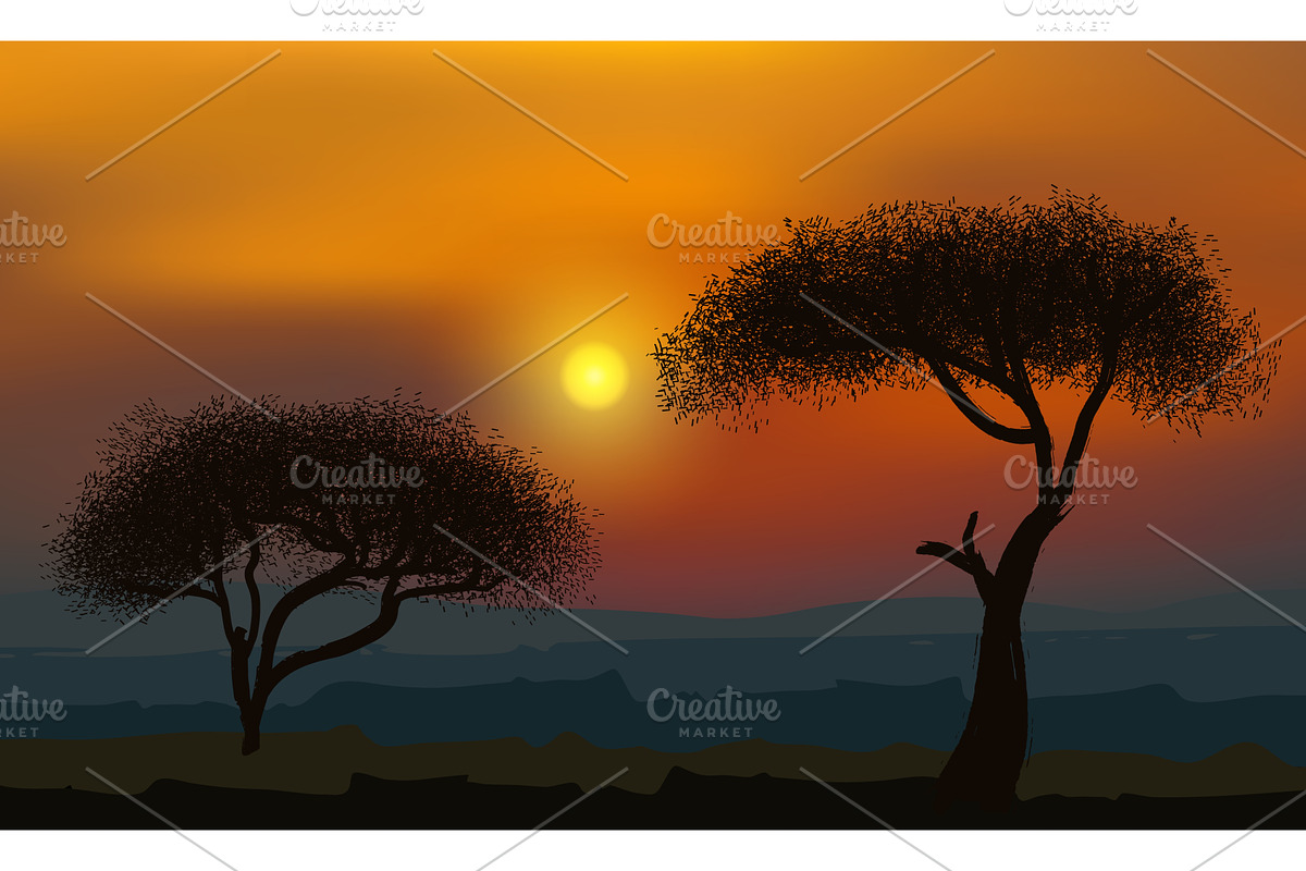 African acacia trees on the, an Illustration by Ederella