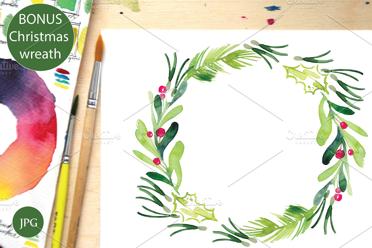 Watercolor Christmas set, wreath, a Decorative Illustration by Olesya Morokhovets (Photo 3 of 4)