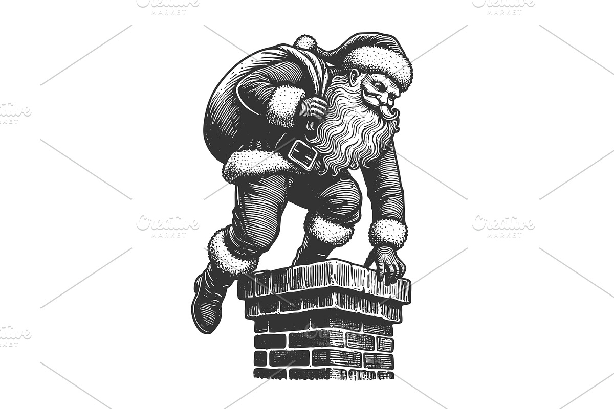 Santa Claus climbing into chimney, an Illustration by AlexArt